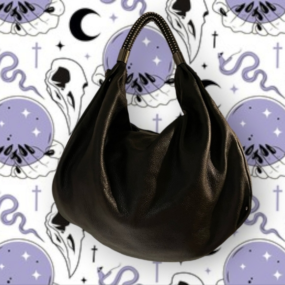 Kenneth Cole New York • Black Leather Oversized Bag Hobo Silvertone Stud Handle - Picture 4 of 13